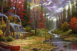 painting, Cottage, Canoes, River, Fishing, Forest, Chimneys, Thomas Kinkade