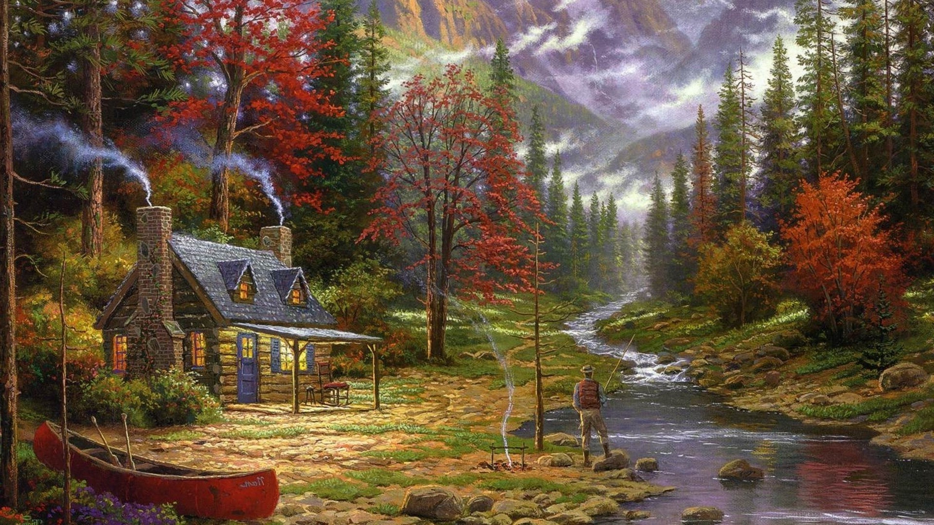 painting, Cottage, Canoes, River, Fishing, Forest, Chimneys, Thomas Kinkade Wallpaper
