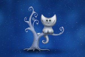 digital Art, Minimalism, Cheshire Cat, Snow, Trees, Blue Background, Vladstudio