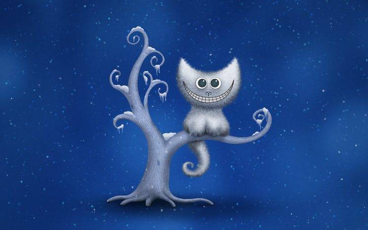 digital Art, Minimalism, Cheshire Cat, Snow, Trees, Blue Background, Vladstudio HD Wallpaper Desktop Background
