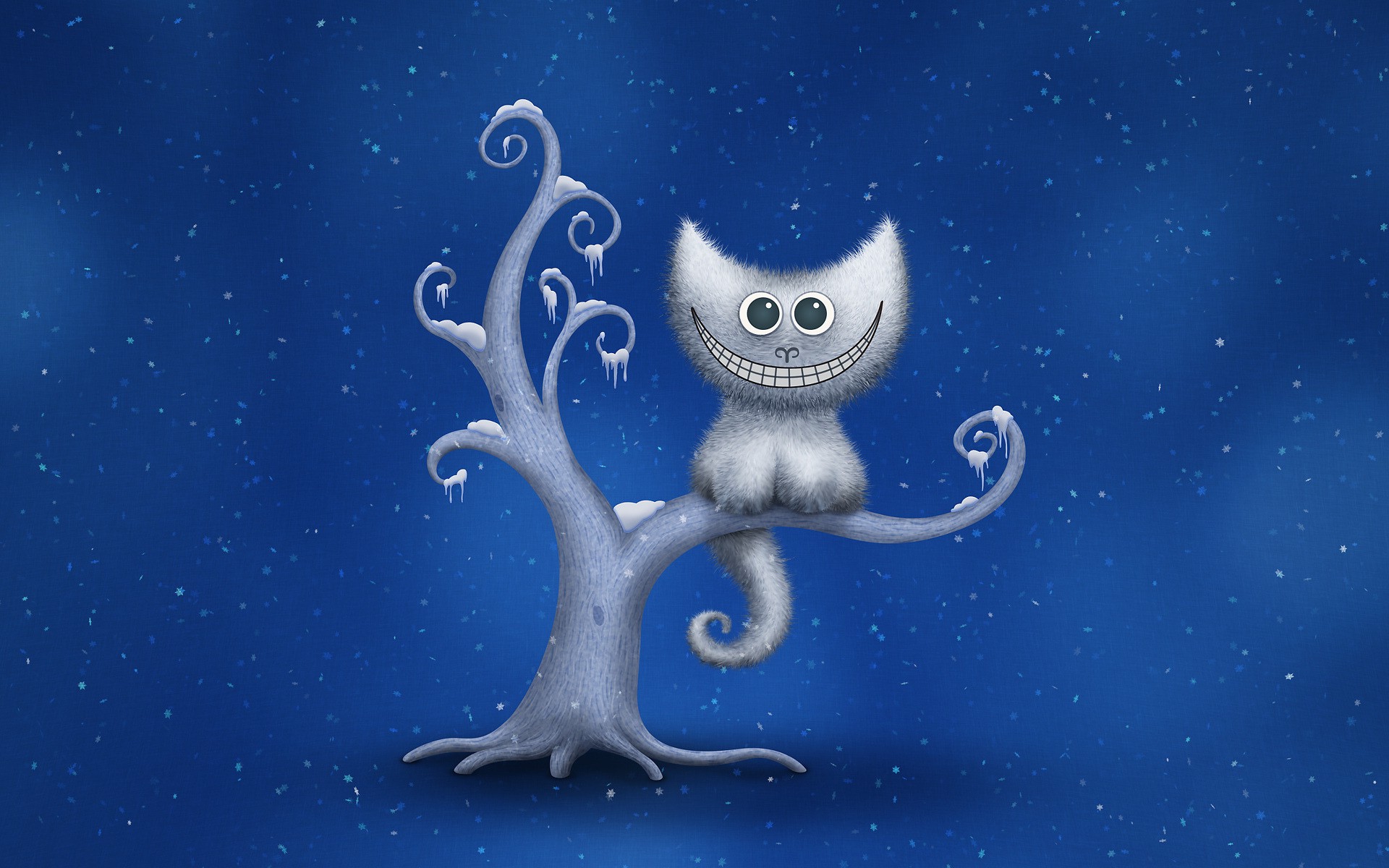 digital Art, Minimalism, Cheshire Cat, Snow, Trees, Blue Background, Vladstudio Wallpaper