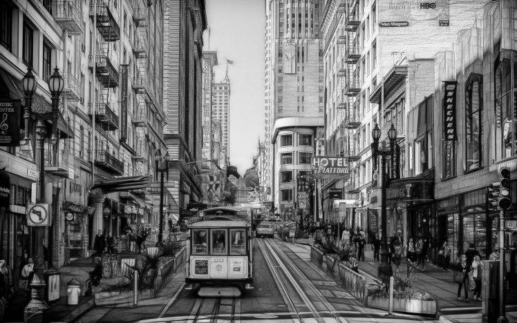 monochrome, San Francisco, Cable Cars, City HD Wallpaper Desktop Background
