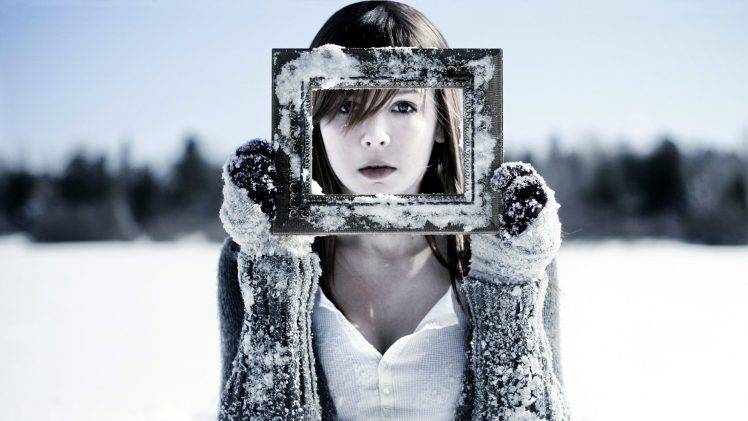 winter, Brunette, Picture Frames, Snow, Gloves, Women HD Wallpaper Desktop Background
