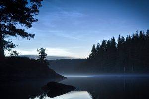 landscape, Nature, Evening, Blue, Lake, Calm, Water, Reflection, Pine Trees, Trees, Forest, Silhouette