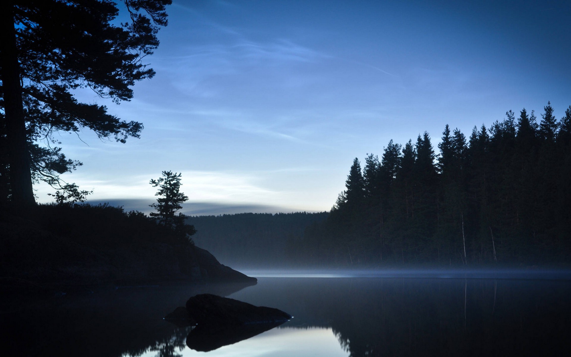 landscape, Nature, Evening, Blue, Lake, Calm, Water, Reflection, Pine Trees, Trees, Forest, Silhouette Wallpaper