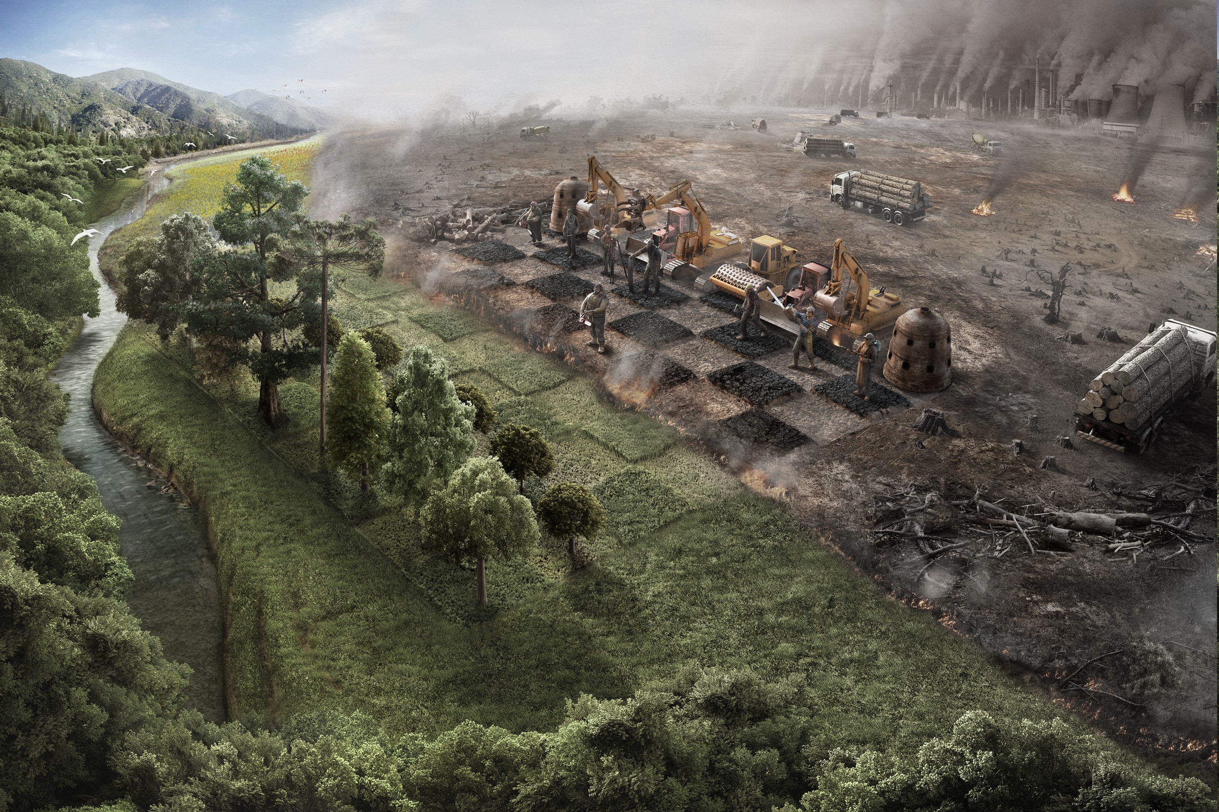 126077 environment chess construction_vehicles nature trees dark_humor plants destruction digital_art fire