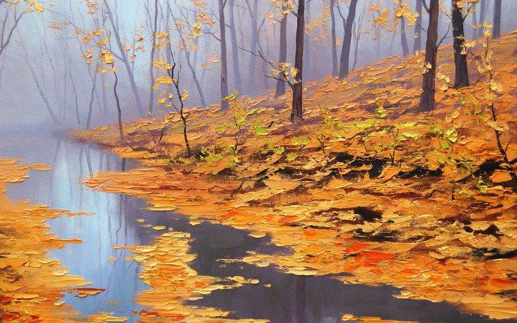 artwork, Nature, Fall, Leaves, Puddle, Graham Gercken HD Wallpaper Desktop Background