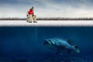 humor, Fishing, Fish, Ice, Winter, Fisherman, Underwater, Split View