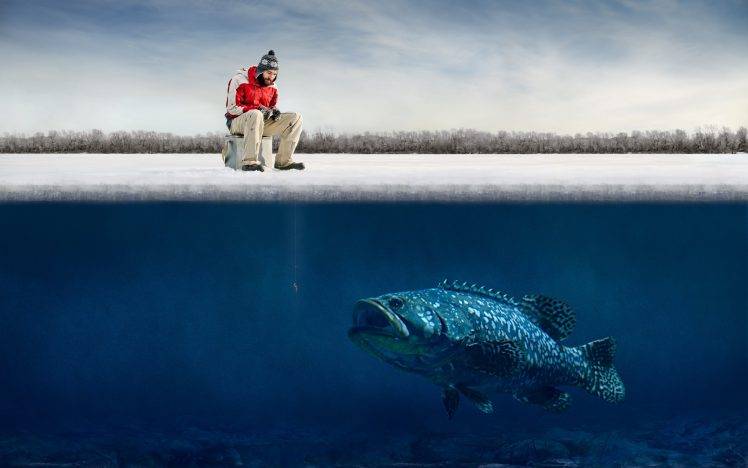 humor, Fishing, Fish, Ice, Winter, Fisherman, Underwater, Split View HD Wallpaper Desktop Background