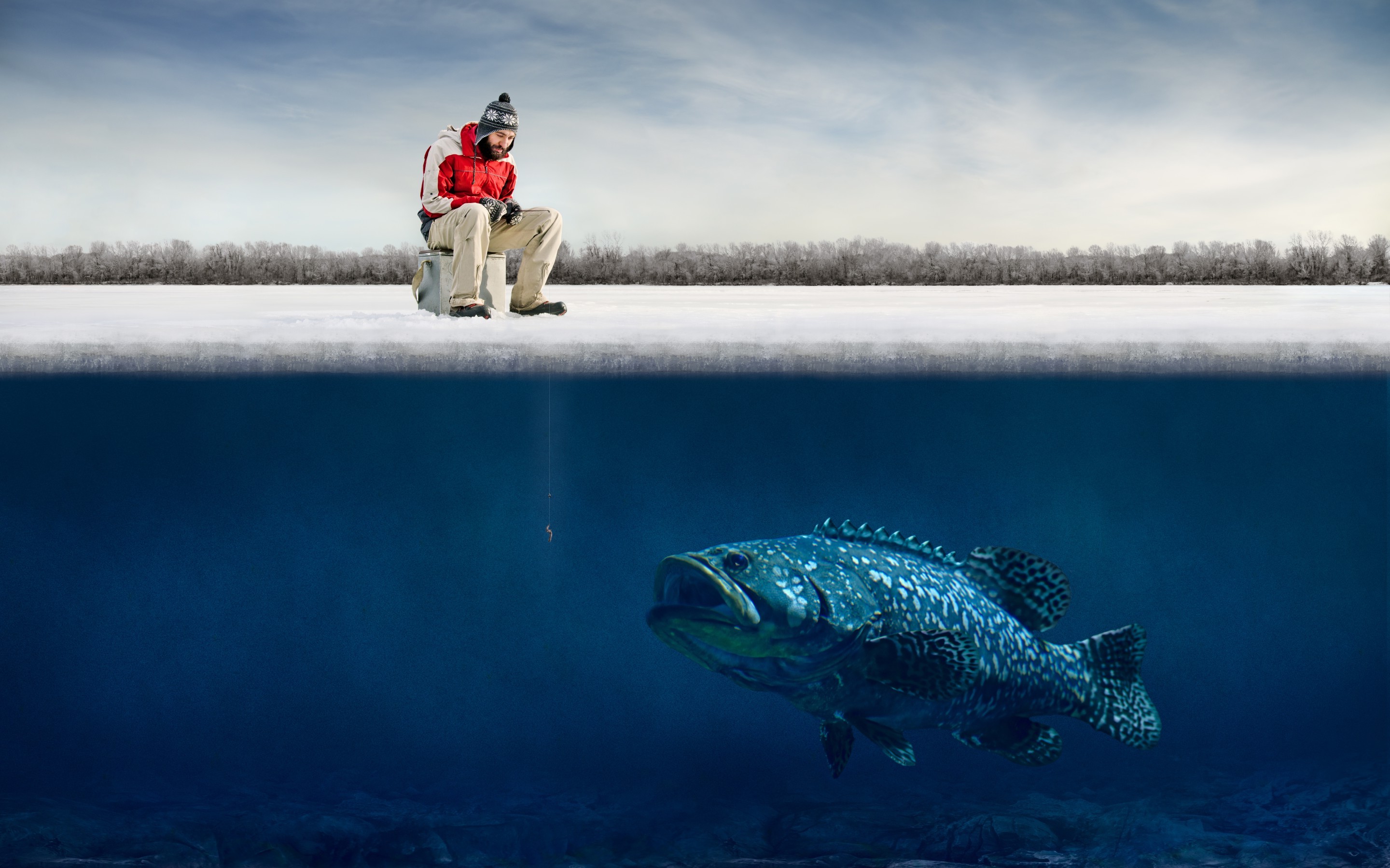 humor, Fishing, Fish, Ice, Winter, Fisherman, Underwater, Split View Wallpaper