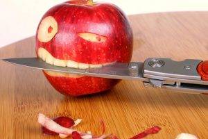 humor, Apples, Knife, Table, Biting