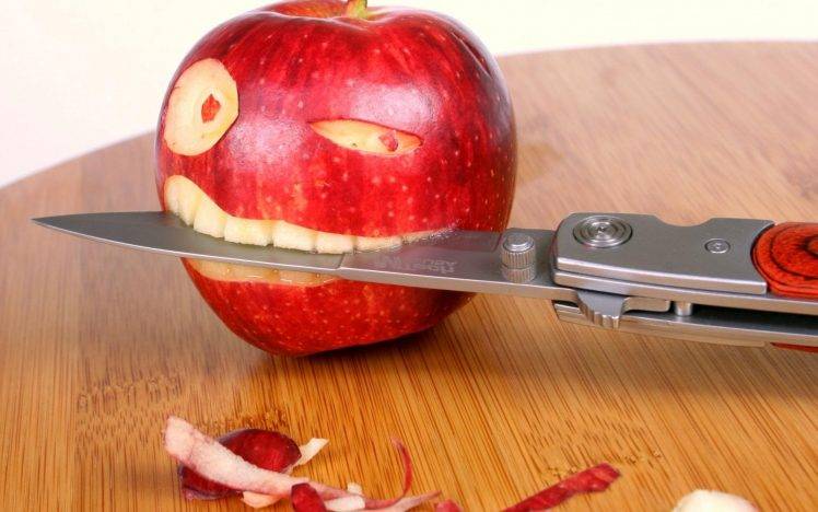 humor, Apples, Knife, Table, Biting HD Wallpaper Desktop Background