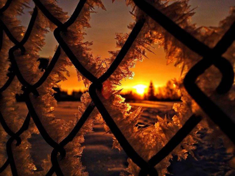 fence, Ice, Snow, Winter, Sunrise, Silhouette, Nature HD Wallpaper Desktop Background
