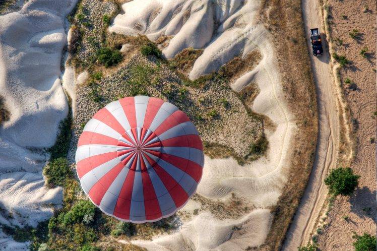 aerial View, Nature, Hot Air Balloons, Car, Road, Sand, Cappadocia HD Wallpaper Desktop Background