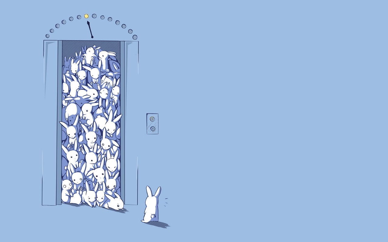 elevator, Rabbits, Humor, Simple, Minimalism, Blue Wallpaper