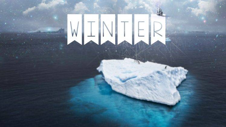 winter, Blue, Clouds, Lights, Sea, Iceberg, Typography HD Wallpaper Desktop Background
