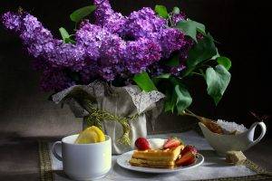 nature, Flowers, Food, Cup, Strawberries, Purple Flowers, Lilac
