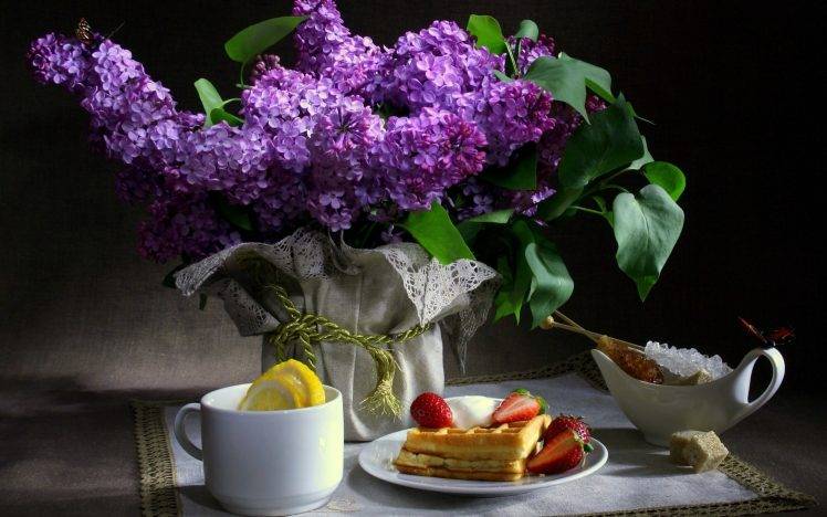 nature, Flowers, Food, Cup, Strawberries, Purple Flowers, Lilac HD Wallpaper Desktop Background