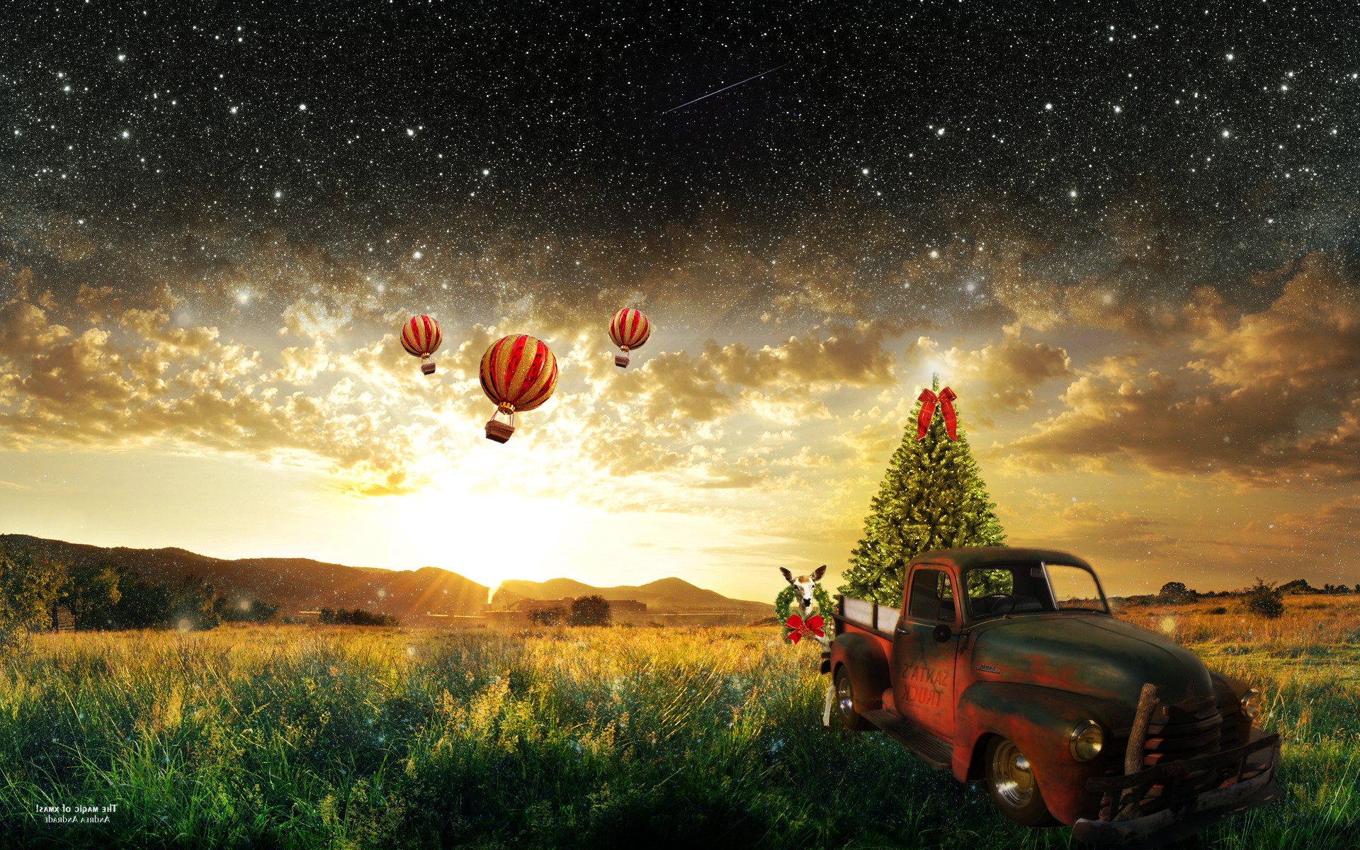 car, Trucks, Christmas Tree, Christmas, Hot Air Balloons, Sun Rays, Nature, Stars, Andrea Andrade, DeviantArt, Snow Wallpapers HD / Desktop and