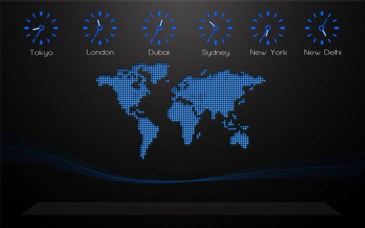 black Background, World Map, Time Zones, Digital Art, Clocks, City, Pixels HD Wallpaper Desktop Background