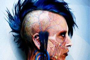digital Art, White Background, Face, Women, Punk, Veins, Pierced Nose, Muscular, Blue Hair