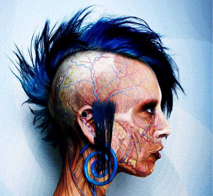 digital Art, White Background, Face, Women, Punk, Veins, Pierced Nose, Muscular, Blue Hair HD Wallpaper Desktop Background