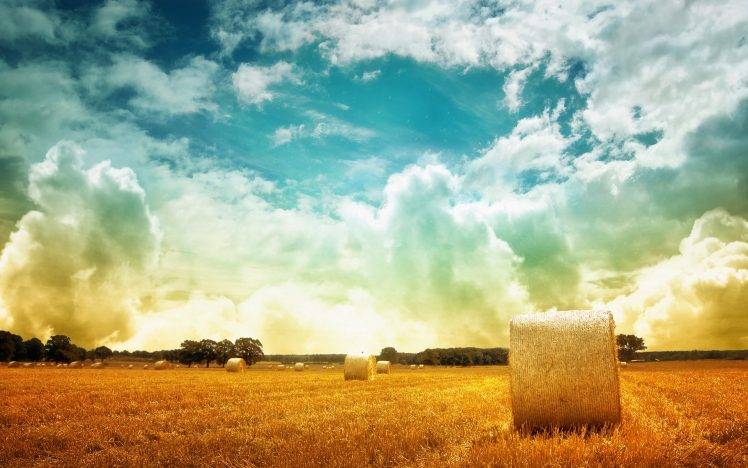 nature, Landscape, Haystacks, Clouds, Field, Filter HD Wallpaper Desktop Background