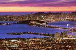 landscape, Water, San Francisco, California, Bridge, Lights, Sunset