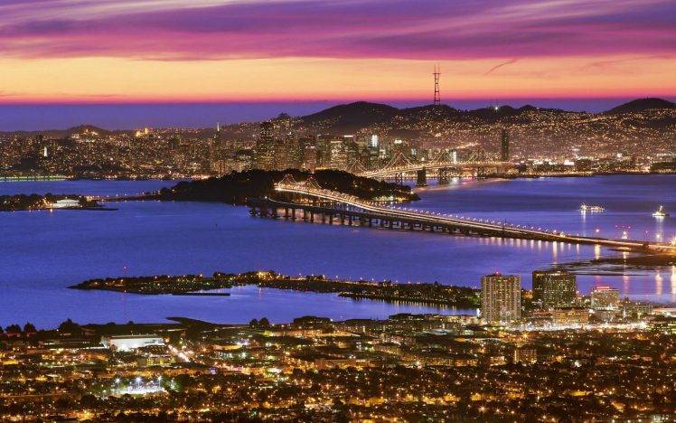 landscape, Water, San Francisco, California, Bridge, Lights, Sunset HD Wallpaper Desktop Background