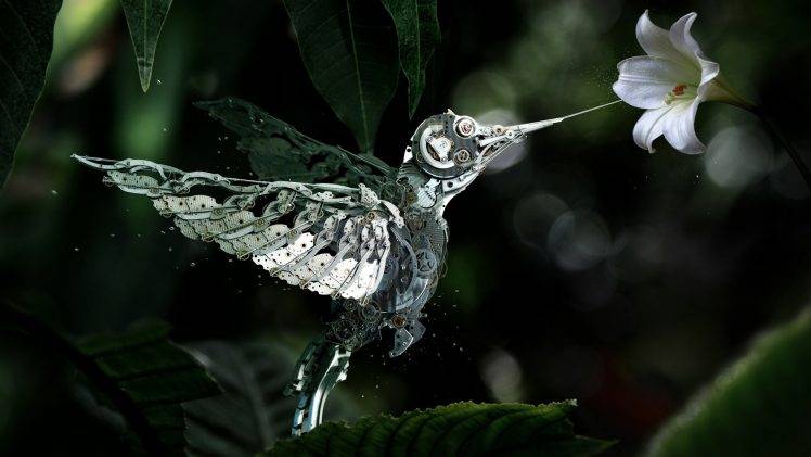 animals, Digital Art, Flowers, Hummingbirds, Machine, Birds HD Wallpaper Desktop Background