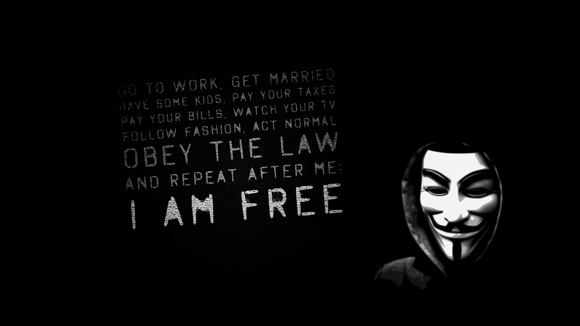 minimalism, I Am Free, Quote, USA, Anonymous, Guy Fawkes Mask, Freedom Wallpaper