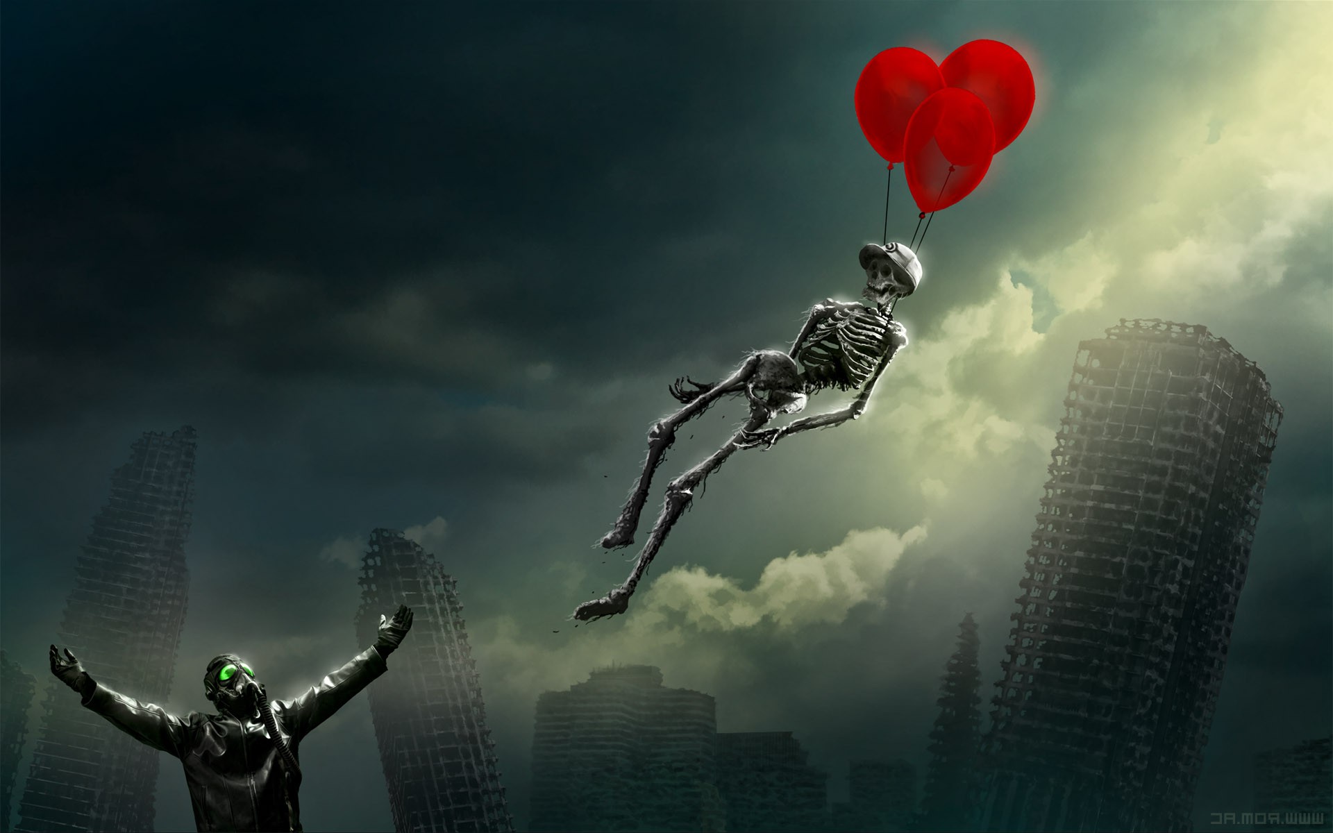 Romantically Apocalyptic, Vitaly S Alexius, Skyscraper, Balloons, Skeleton, Gas Masks, Artwork, Digital Art Wallpaper