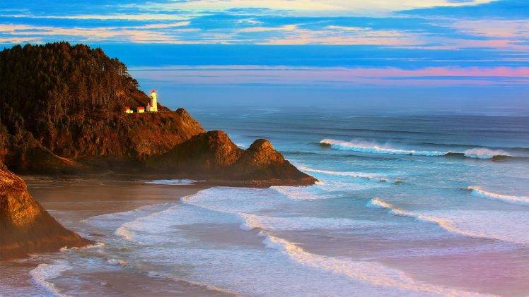 coast, Beach, Waves, Lighthouse, Oregon, Landscape HD Wallpaper Desktop Background