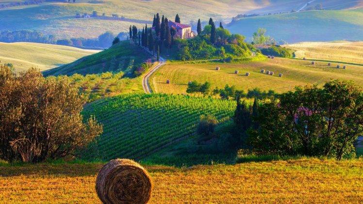 haystacks, Landscape, Terraced Field, Cottage, Tuscany, Italy HD Wallpaper Desktop Background