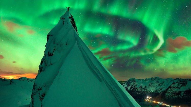 aurorae, Mountain, Snow, Landscape, Night, Silhouette, Norway HD Wallpaper Desktop Background