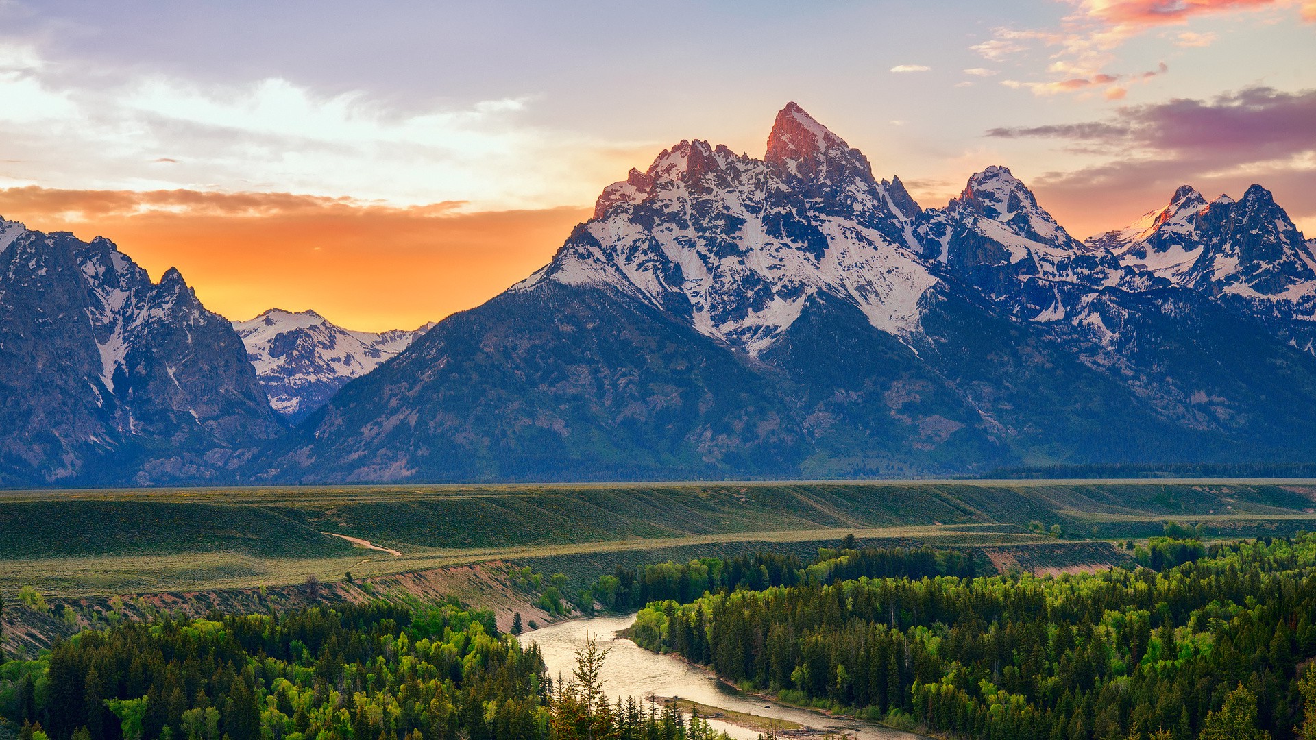 landscape, Nature, Mountain, Snowy Peak, Field, River, Forest, Trees, Pine Trees, Sunset Wallpaper