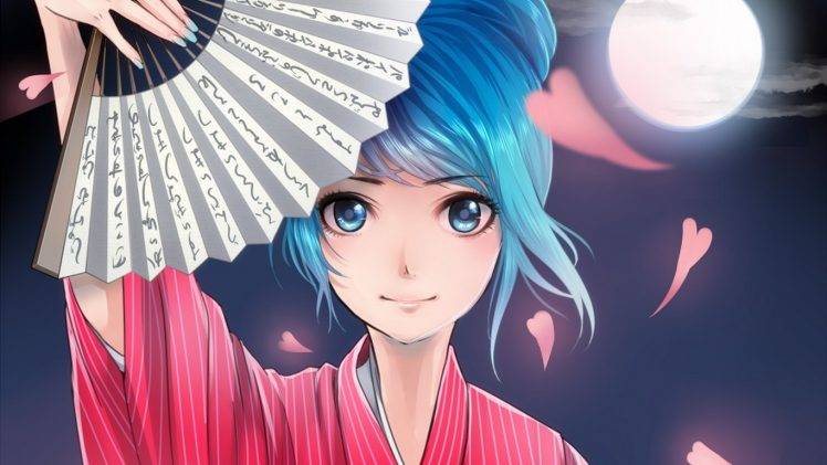 moon, Women, Night, Petals, Smiling, Blue Eyes, Blue Hair, Anime Girls HD Wallpaper Desktop Background