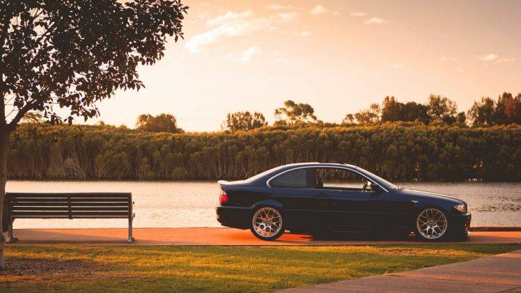 car, Rims, River, Bench, E46, BMW HD Wallpaper Desktop Background