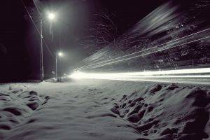 nature, Snow, Monochrome, Long Exposure, Street Light, Light Trails