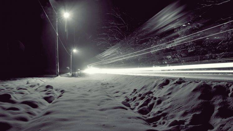 nature, Snow, Monochrome, Long Exposure, Street Light, Light Trails HD Wallpaper Desktop Background