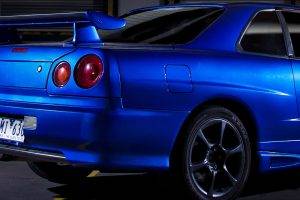 car, Triple Screen, Skyline R34, Nissan Skyline GT R, Blue Cars