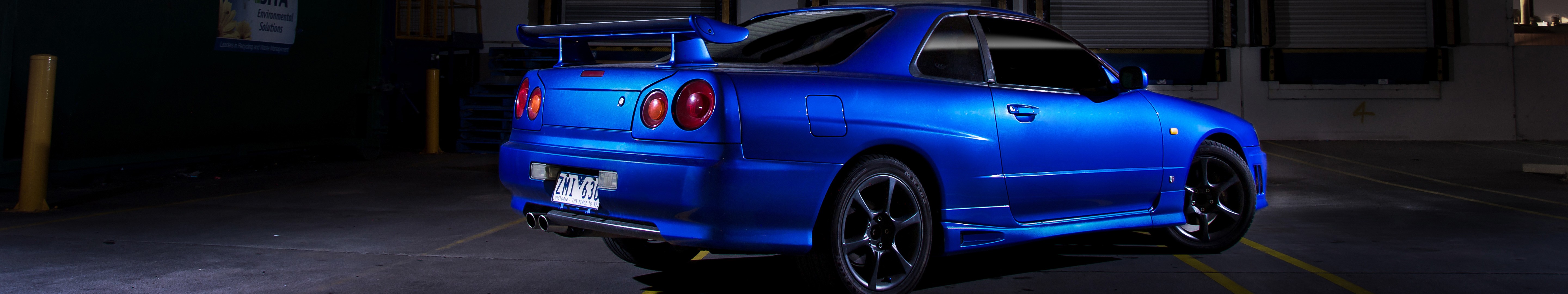 car, Triple Screen, Skyline R34, Nissan Skyline GT R, Blue Cars Wallpaper