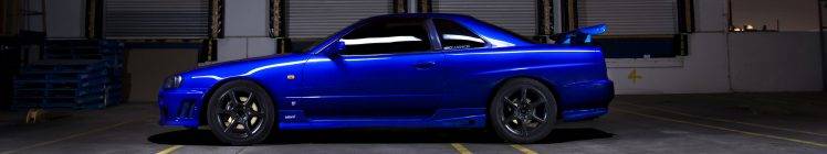 car, Triple Screen, Skyline R34, Nissan Skyline GT R, Blue Cars HD Wallpaper Desktop Background