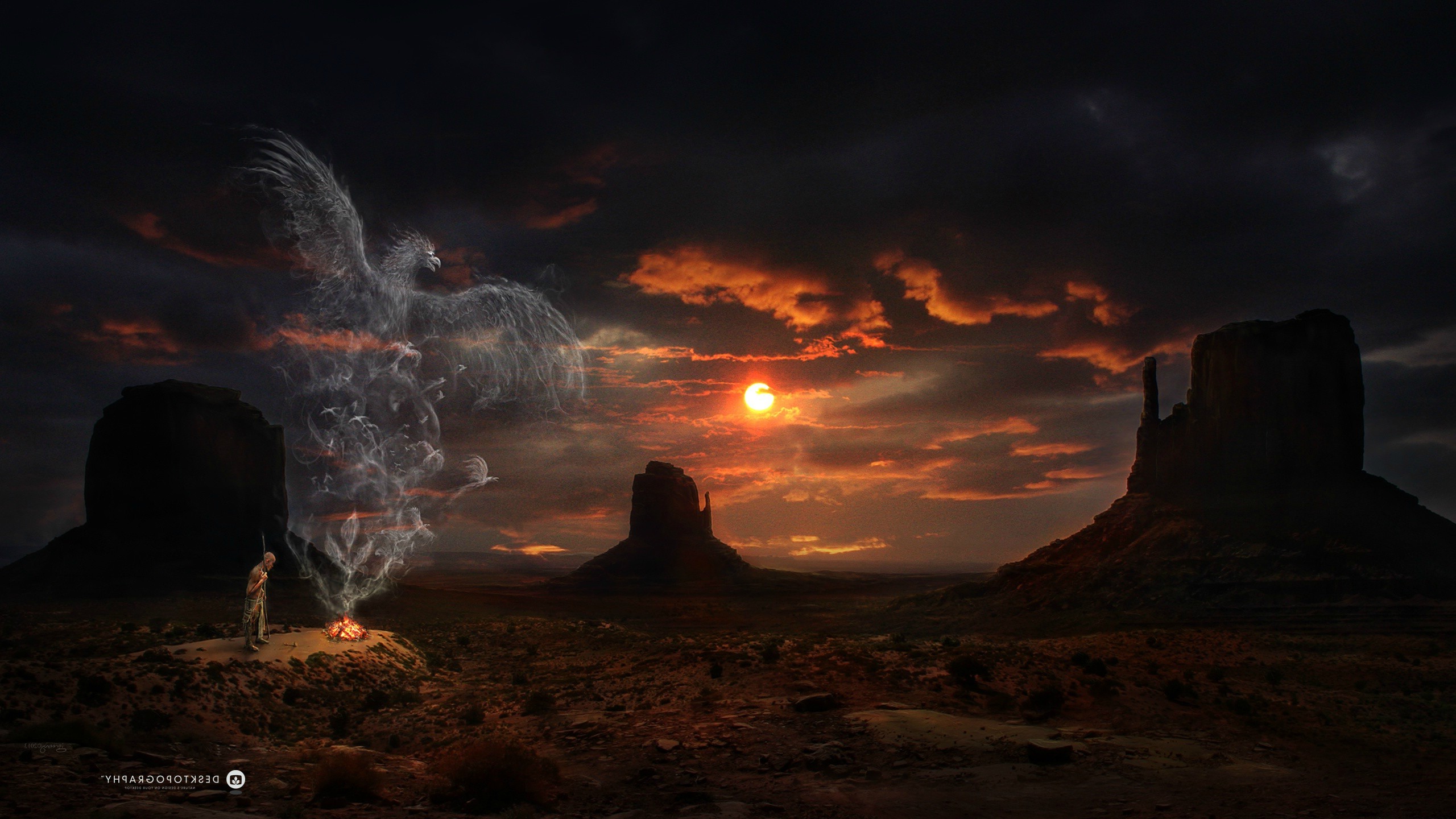 Desktopography, Sunset, Mountain, Western, Eagle, Digital Art, Clouds