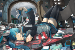 lying Down, Vocaloid, Books, Blue Hair, Blue Eyes, Hatsune Miku