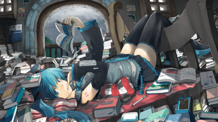 lying Down, Vocaloid, Books, Blue Hair, Blue Eyes, Hatsune Miku HD Wallpaper Desktop Background