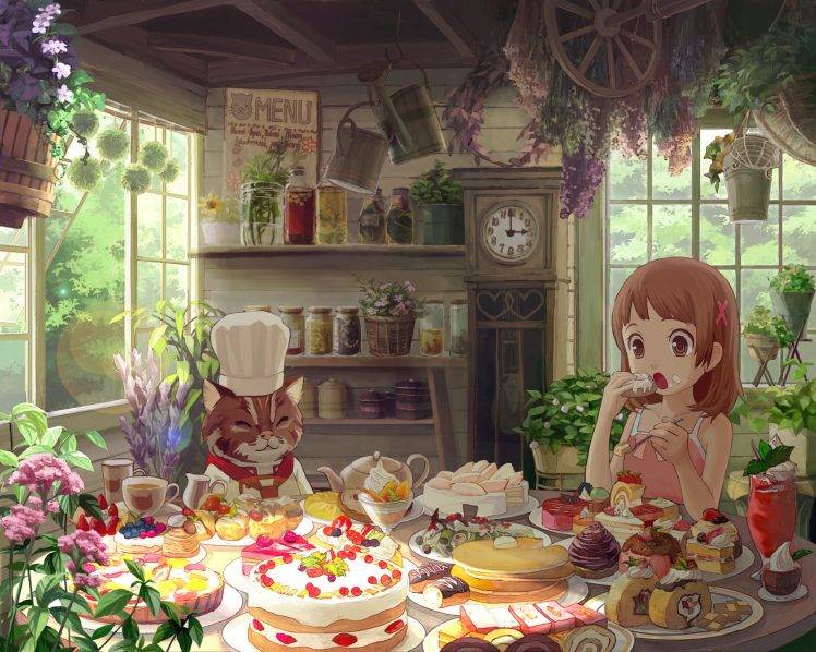 food, Cakes, Pastries, Clocks, Cat, Tea HD Wallpaper Desktop Background
