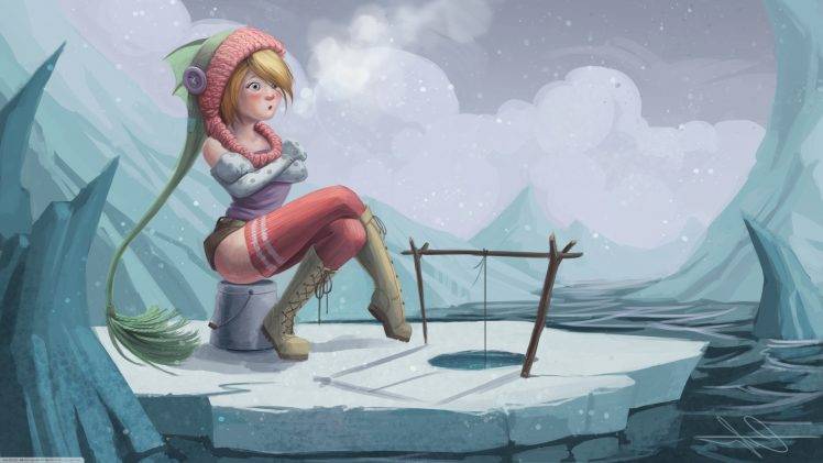 drawing, Fantasy Art, Winter, Women, Fishing HD Wallpaper Desktop Background