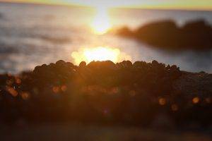 sunset, Nature, Blurred, Bokeh, Sunlight, Rock, Sea