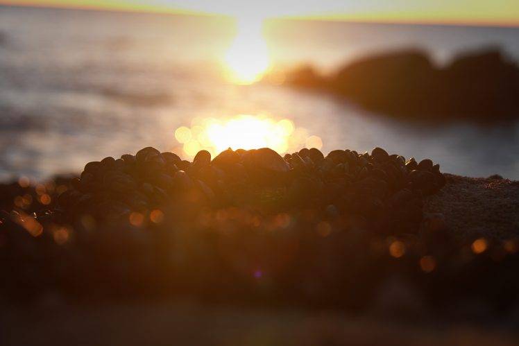 sunset, Nature, Blurred, Bokeh, Sunlight, Rock, Sea HD Wallpaper Desktop Background